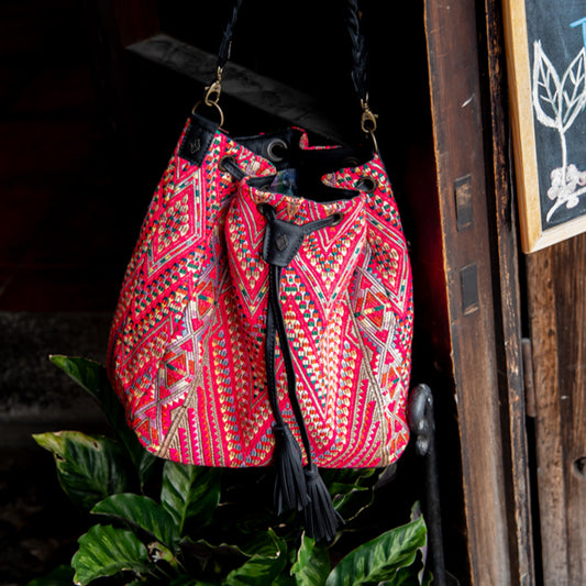 DRAWSTRING BUCKET BAG - OOAK HUIPIL - BLACK - NO. 17989