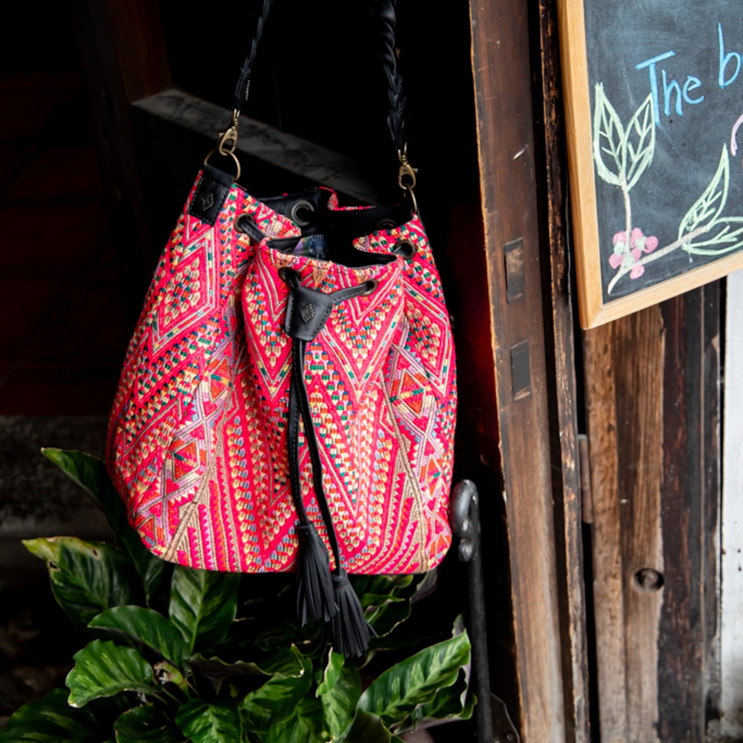 DRAWSTRING BUCKET BAG - OOAK HUIPIL - BLACK - NO. 17989