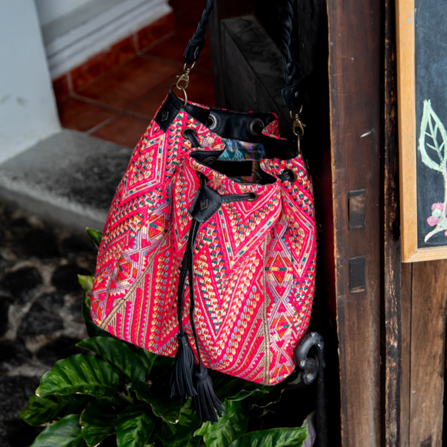 DRAWSTRING BUCKET BAG - OOAK HUIPIL - BLACK - NO. 17989