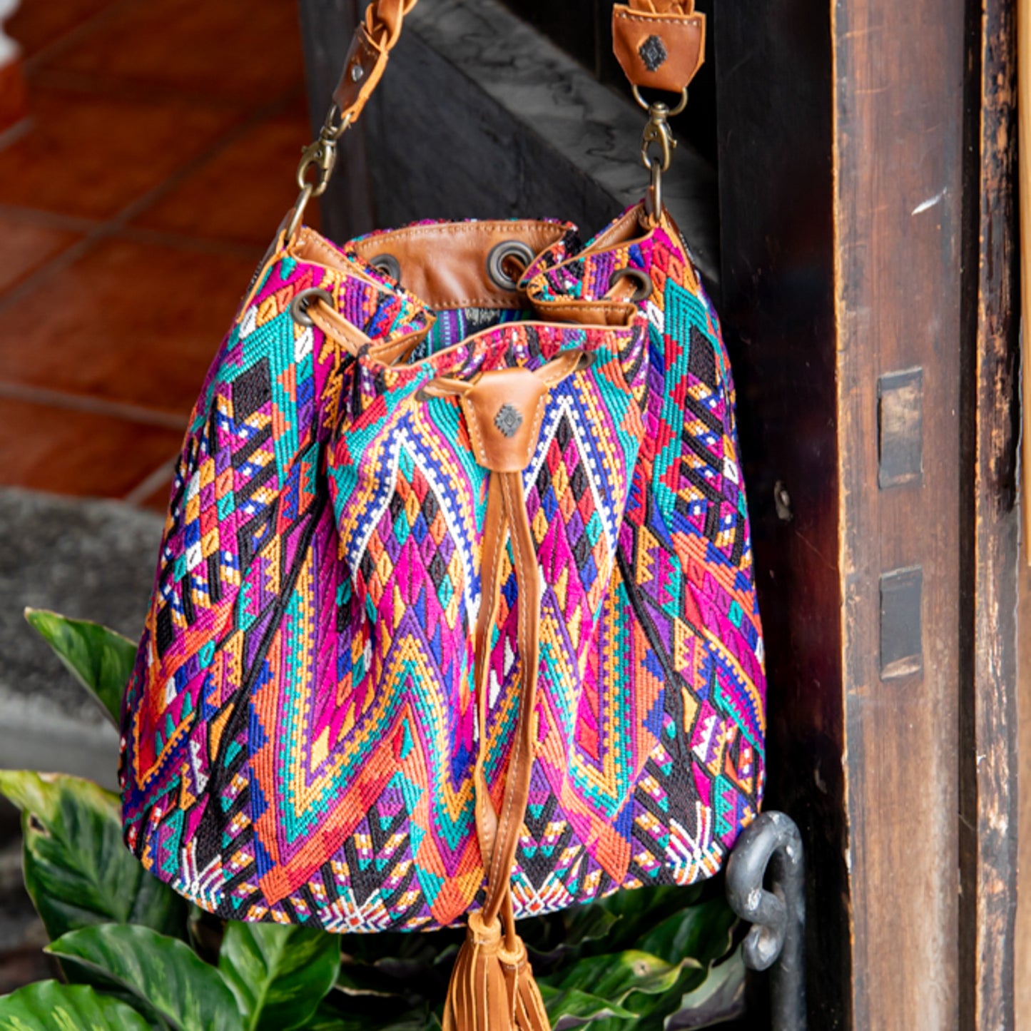 DRAWSTRING BUCKET BAG - OOAK HUIPIL - CAFE - NO. 17997