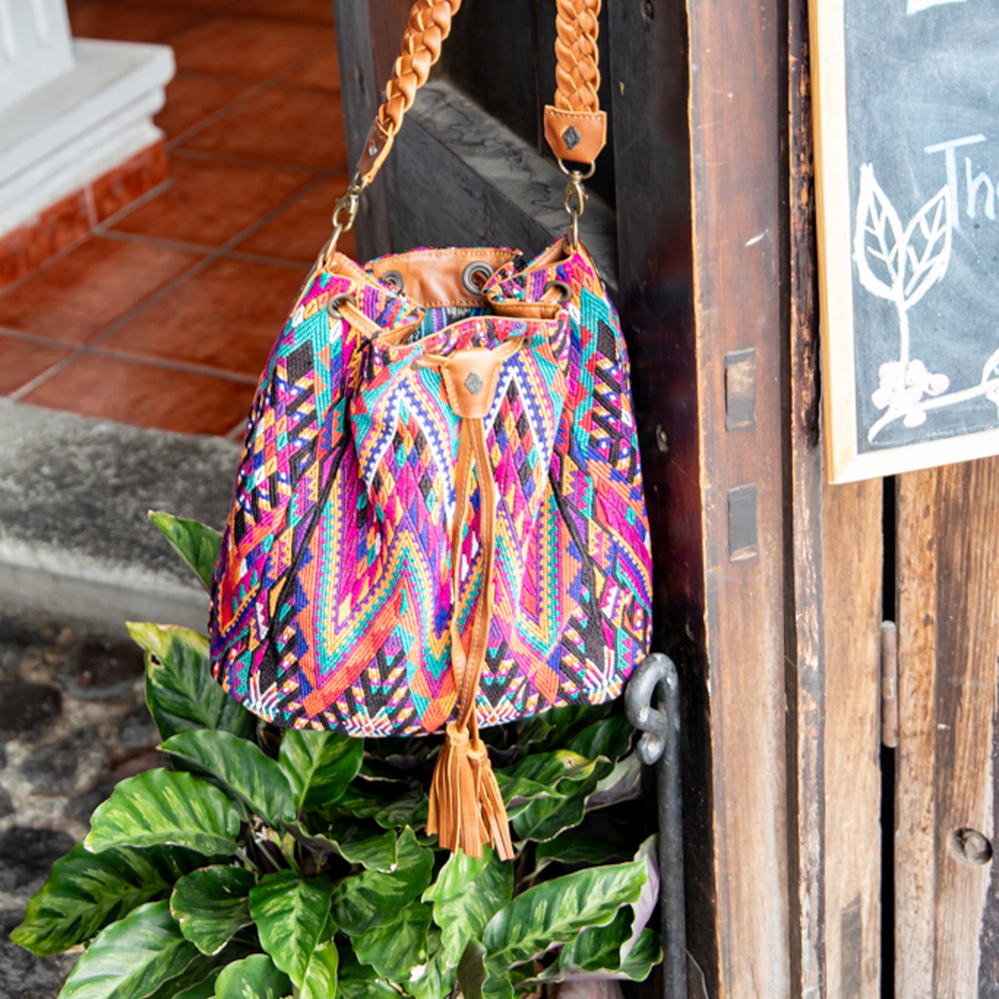 DRAWSTRING BUCKET BAG - OOAK HUIPIL - CAFE - NO. 17997