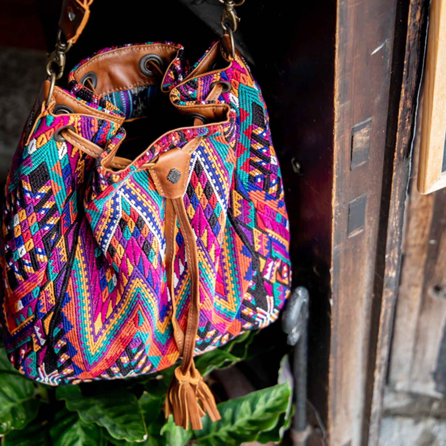 DRAWSTRING BUCKET BAG - OOAK HUIPIL - CAFE - NO. 17997