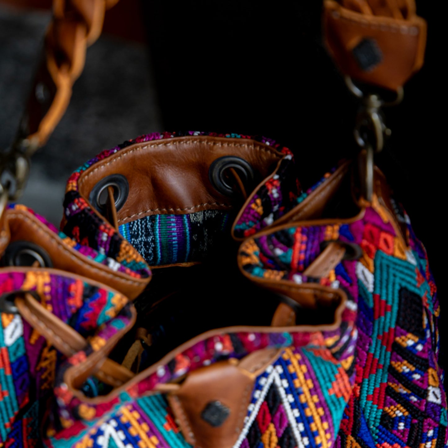 DRAWSTRING BUCKET BAG - OOAK HUIPIL - CAFE - NO. 17997