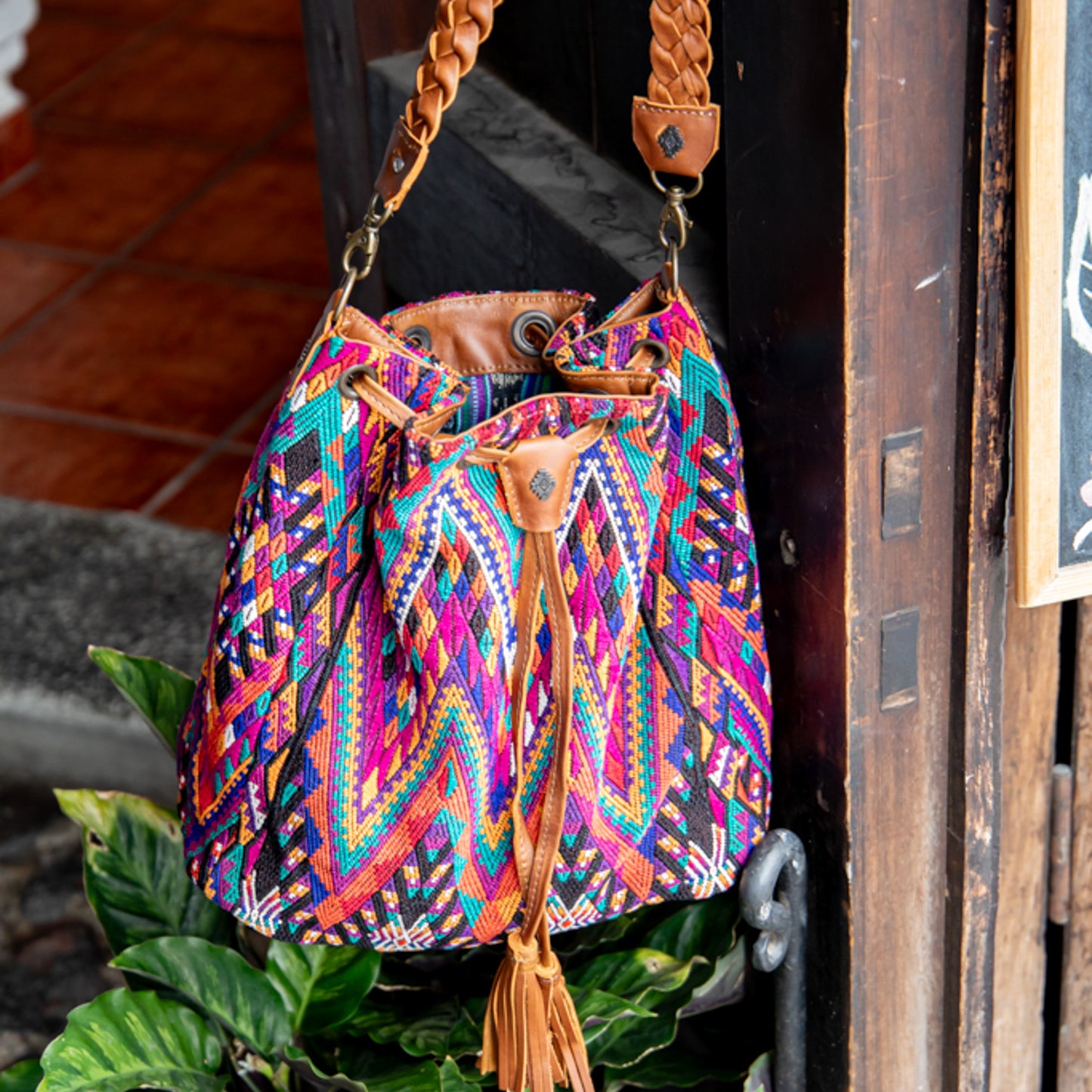 DRAWSTRING BUCKET BAG - OOAK HUIPIL - CAFE - NO. 17997