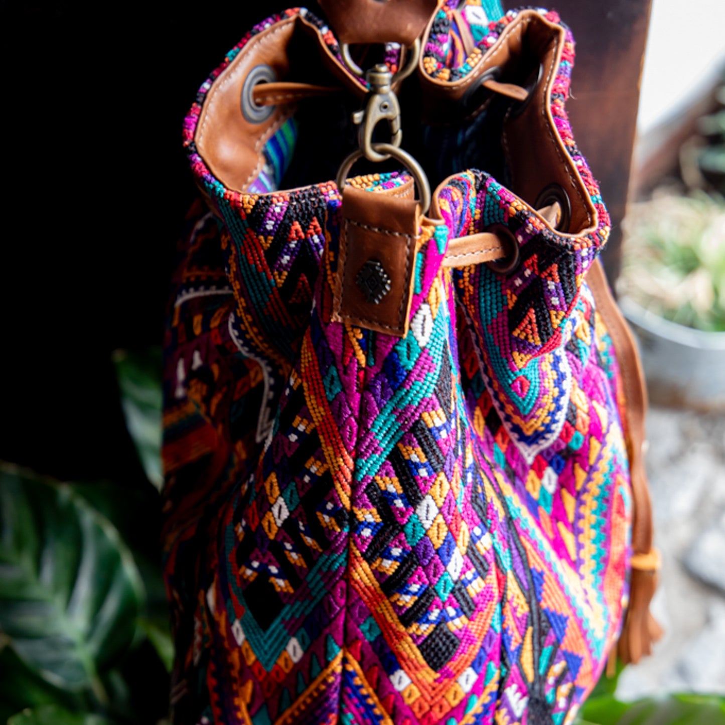 DRAWSTRING BUCKET BAG - OOAK HUIPIL - CAFE - NO. 17997