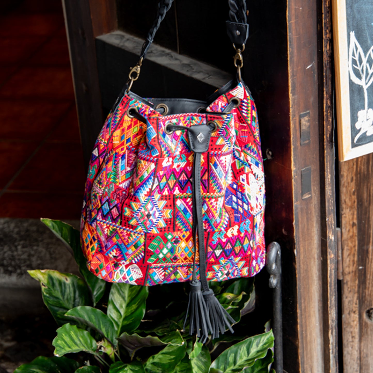 DRAWSTRING BUCKET BAG - OOAK HUIPIL - BLACK - NO. 17988