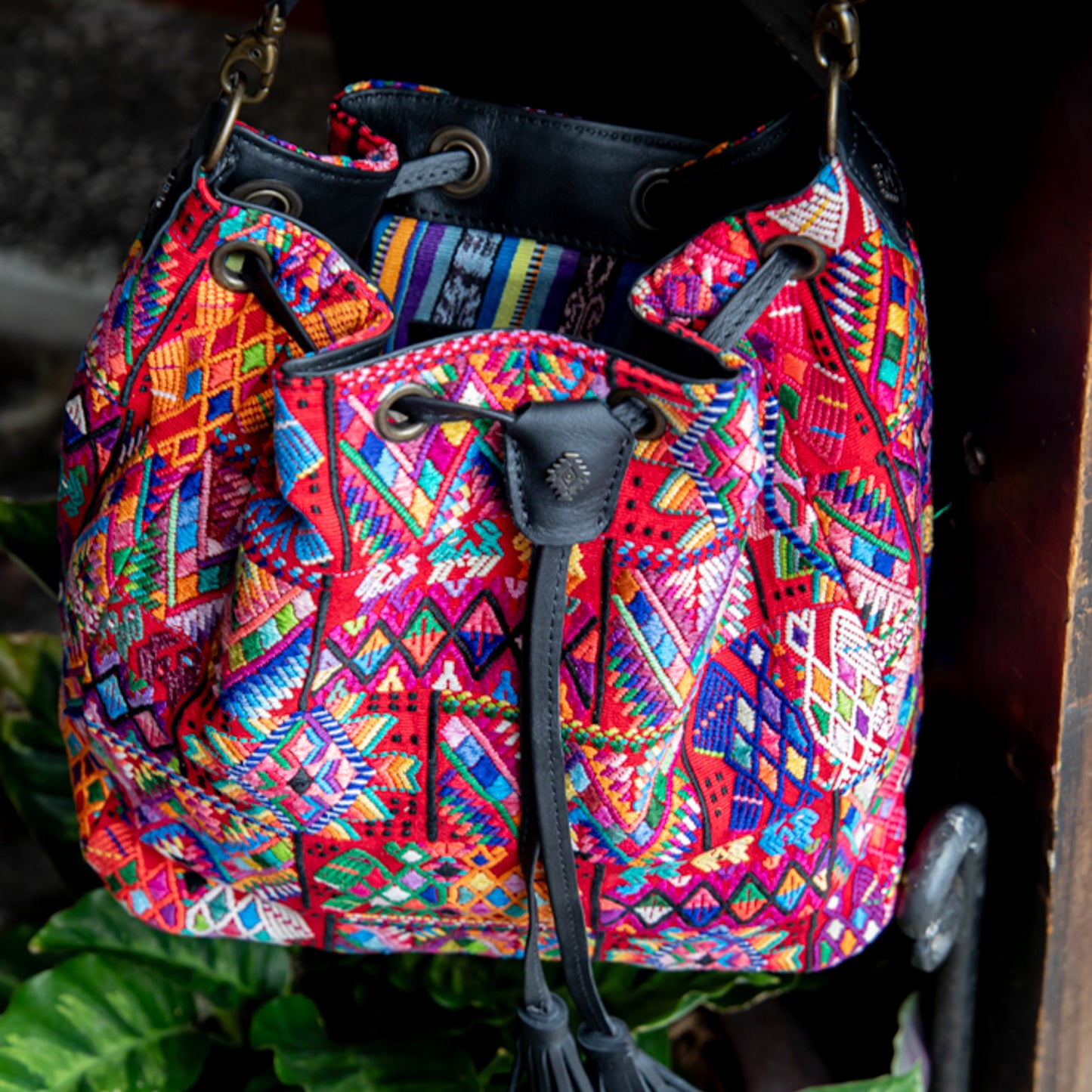 DRAWSTRING BUCKET BAG - OOAK HUIPIL - BLACK - NO. 17988