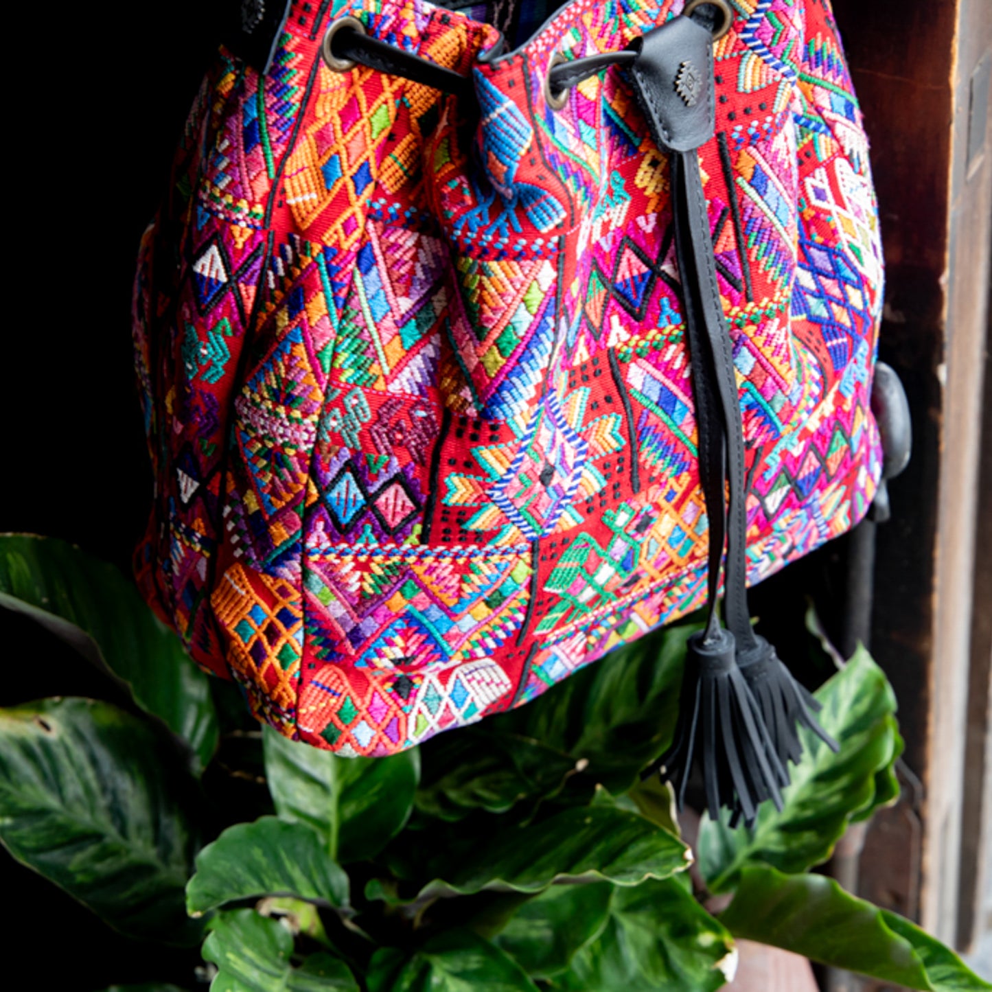 DRAWSTRING BUCKET BAG - OOAK HUIPIL - BLACK - NO. 17988