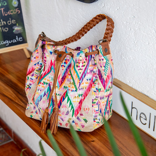 DRAWSTRING BUCKET BAG - OOAK HUIPIL - CAFE - NO. 17994