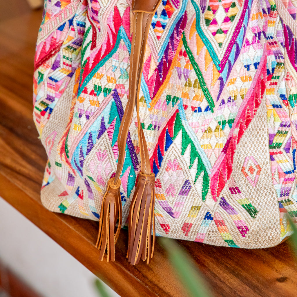 DRAWSTRING BUCKET BAG - OOAK HUIPIL - CAFE - NO. 17994