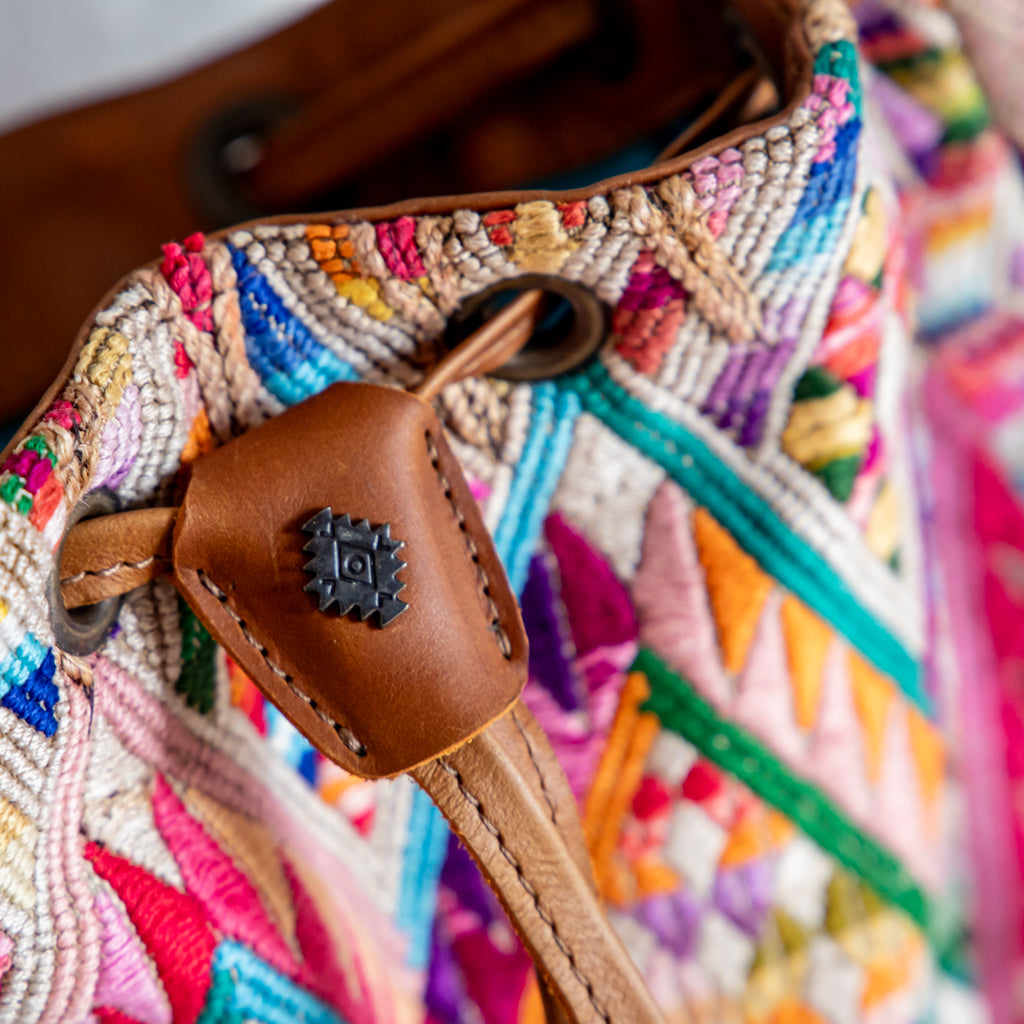 DRAWSTRING BUCKET BAG - OOAK HUIPIL - CAFE - NO. 17994