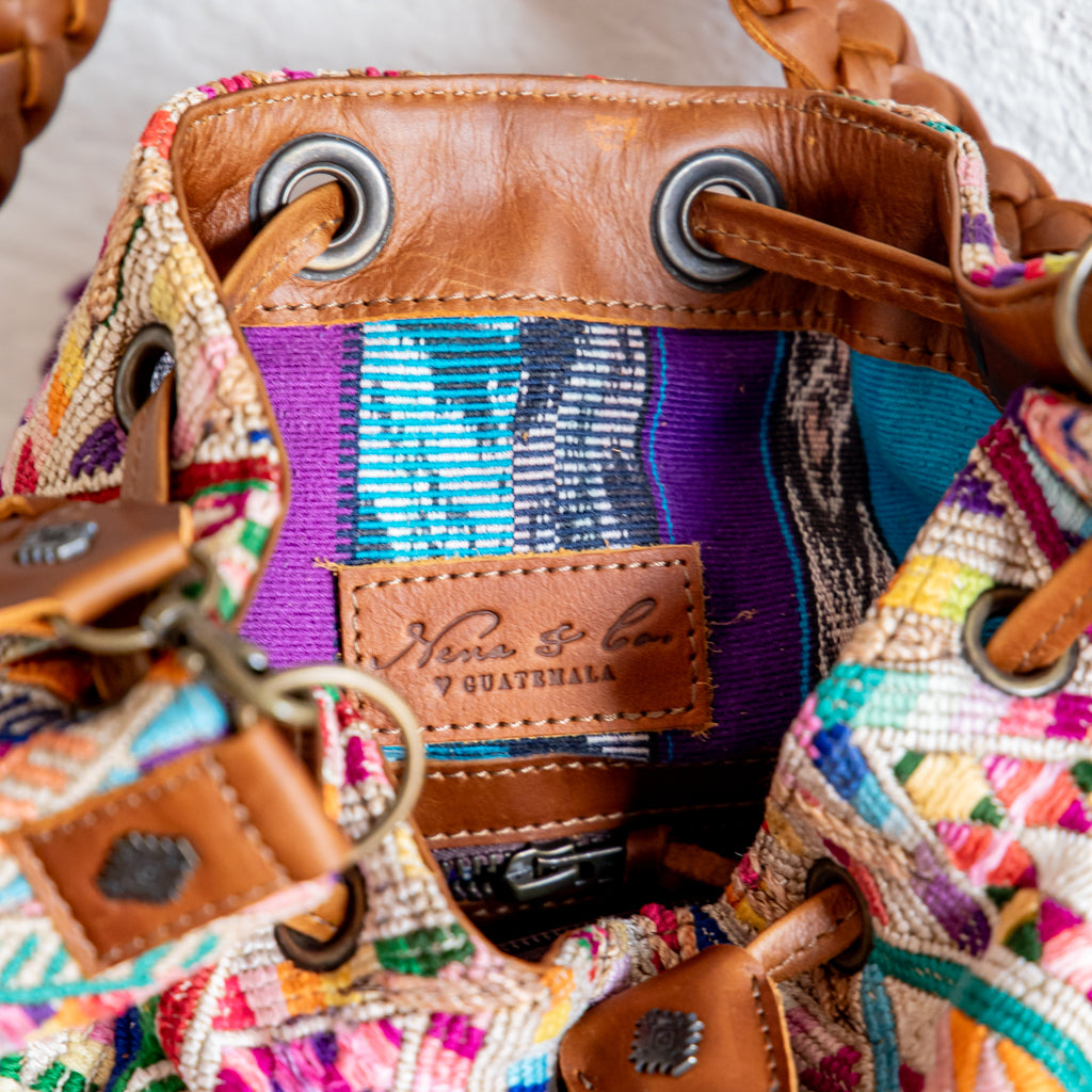 DRAWSTRING BUCKET BAG - OOAK HUIPIL - CAFE - NO. 17994