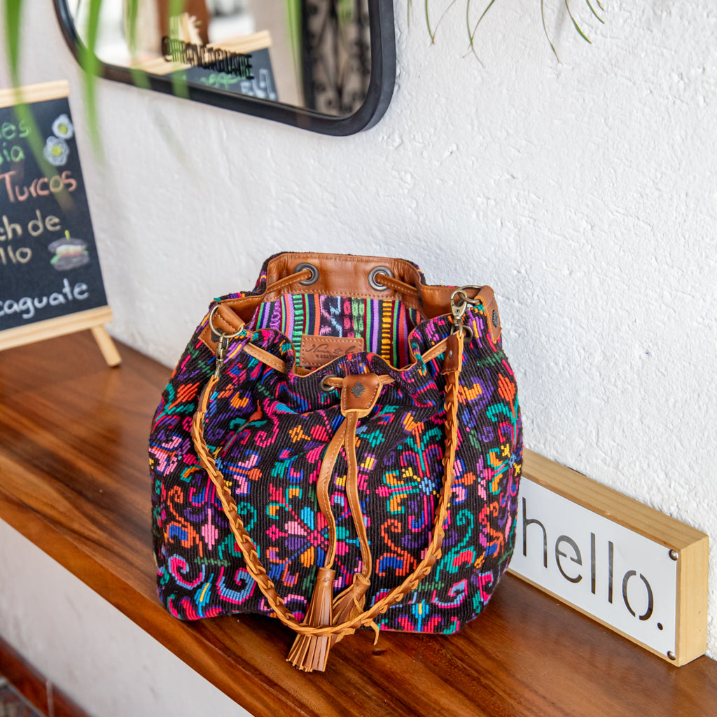 DRAWSTRING BUCKET BAG - OOAK HUIPIL - CAFE - NO. 17993