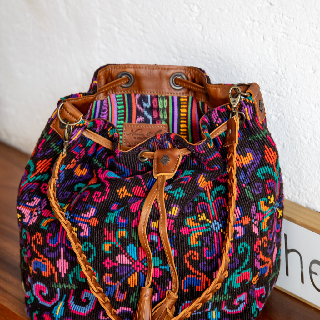 DRAWSTRING BUCKET BAG - OOAK HUIPIL - CAFE - NO. 17993