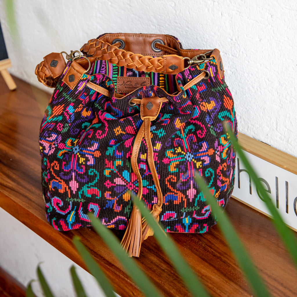 DRAWSTRING BUCKET BAG - OOAK HUIPIL - CAFE - NO. 17993