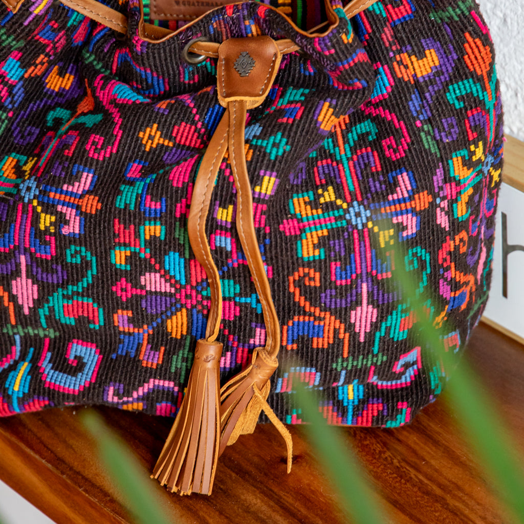 DRAWSTRING BUCKET BAG - OOAK HUIPIL - CAFE - NO. 17993