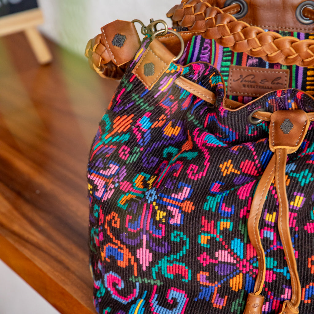 DRAWSTRING BUCKET BAG - OOAK HUIPIL - CAFE - NO. 17993