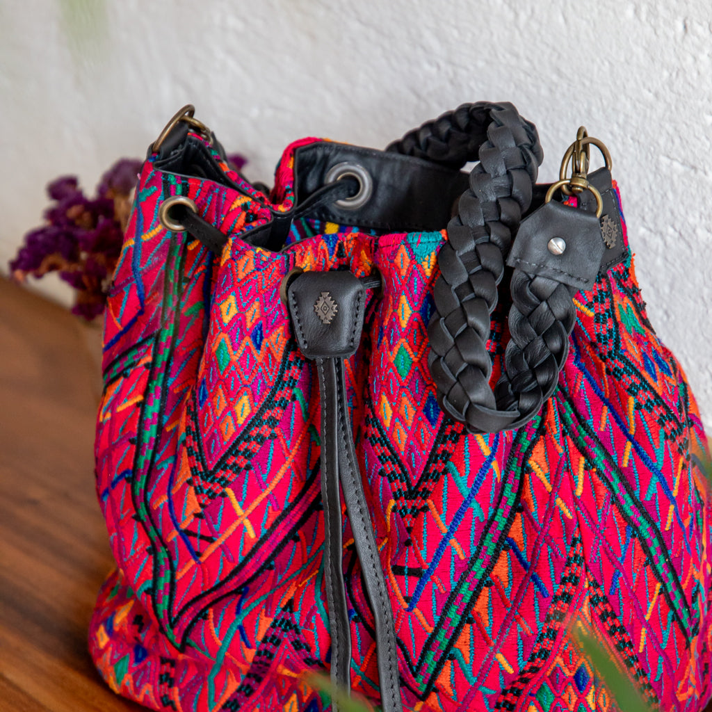 DRAWSTRING BUCKET BAG - OOAK HUIPIL - BLACK - NO. 17987