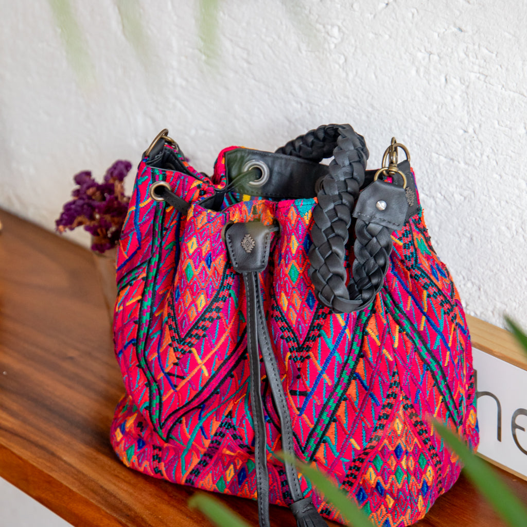 DRAWSTRING BUCKET BAG - OOAK HUIPIL - BLACK - NO. 17987