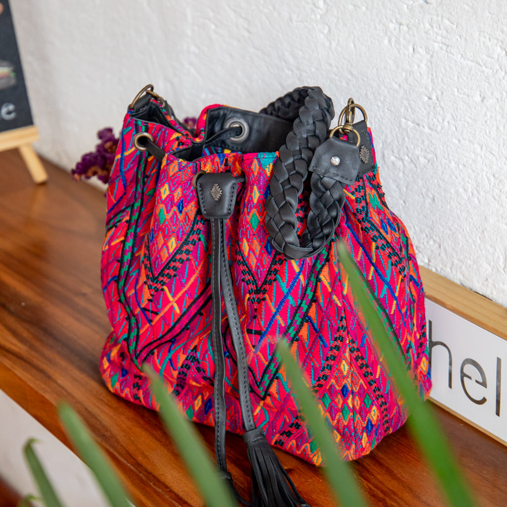 DRAWSTRING BUCKET BAG - OOAK HUIPIL - BLACK - NO. 17987