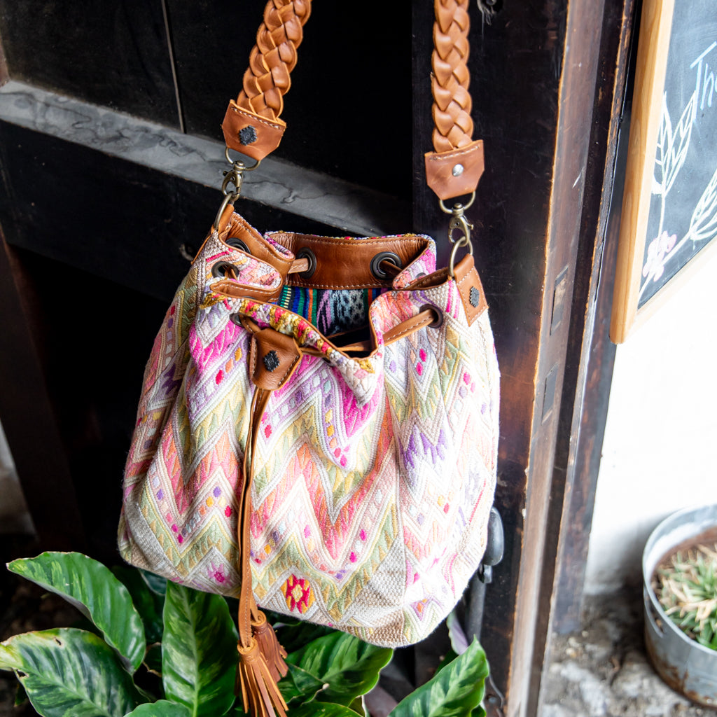 DRAWSTRING BUCKET BAG - OOAK HUIPIL - CAFE - NO. 17998