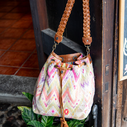 DRAWSTRING BUCKET BAG - OOAK HUIPIL - CAFE - NO. 17998