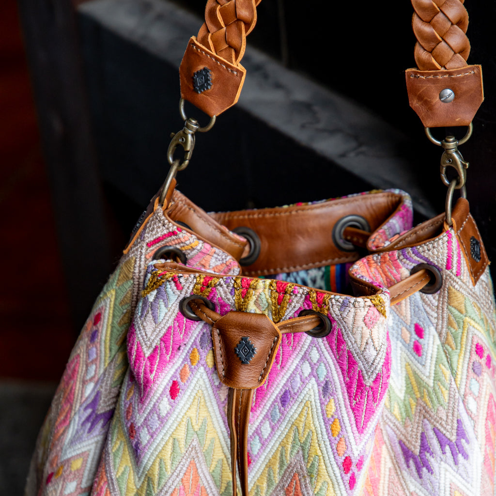 DRAWSTRING BUCKET BAG - OOAK HUIPIL - CAFE - NO. 17998