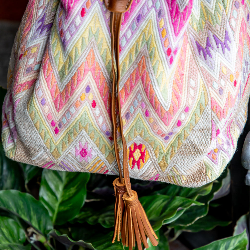 DRAWSTRING BUCKET BAG - OOAK HUIPIL - CAFE - NO. 17998