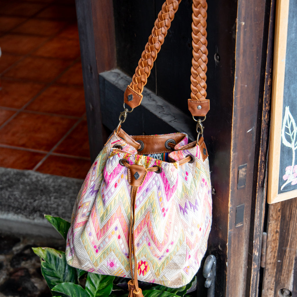 DRAWSTRING BUCKET BAG - OOAK HUIPIL - CAFE - NO. 17998