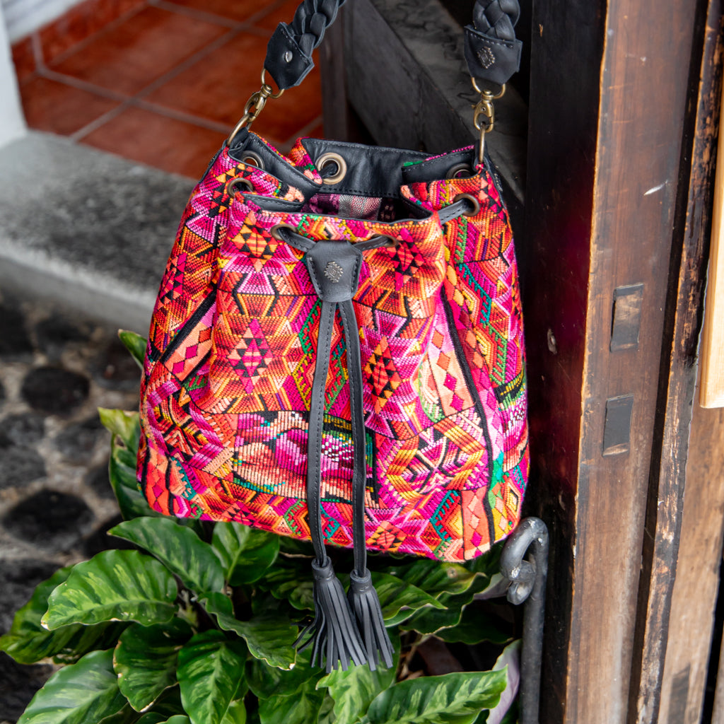DRAWSTRING BUCKET BAG - OOAK HUIPIL - BLACK - NO. 17982