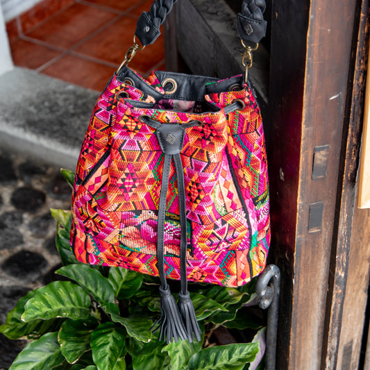 DRAWSTRING BUCKET BAG - OOAK HUIPIL - BLACK - NO. 17982
