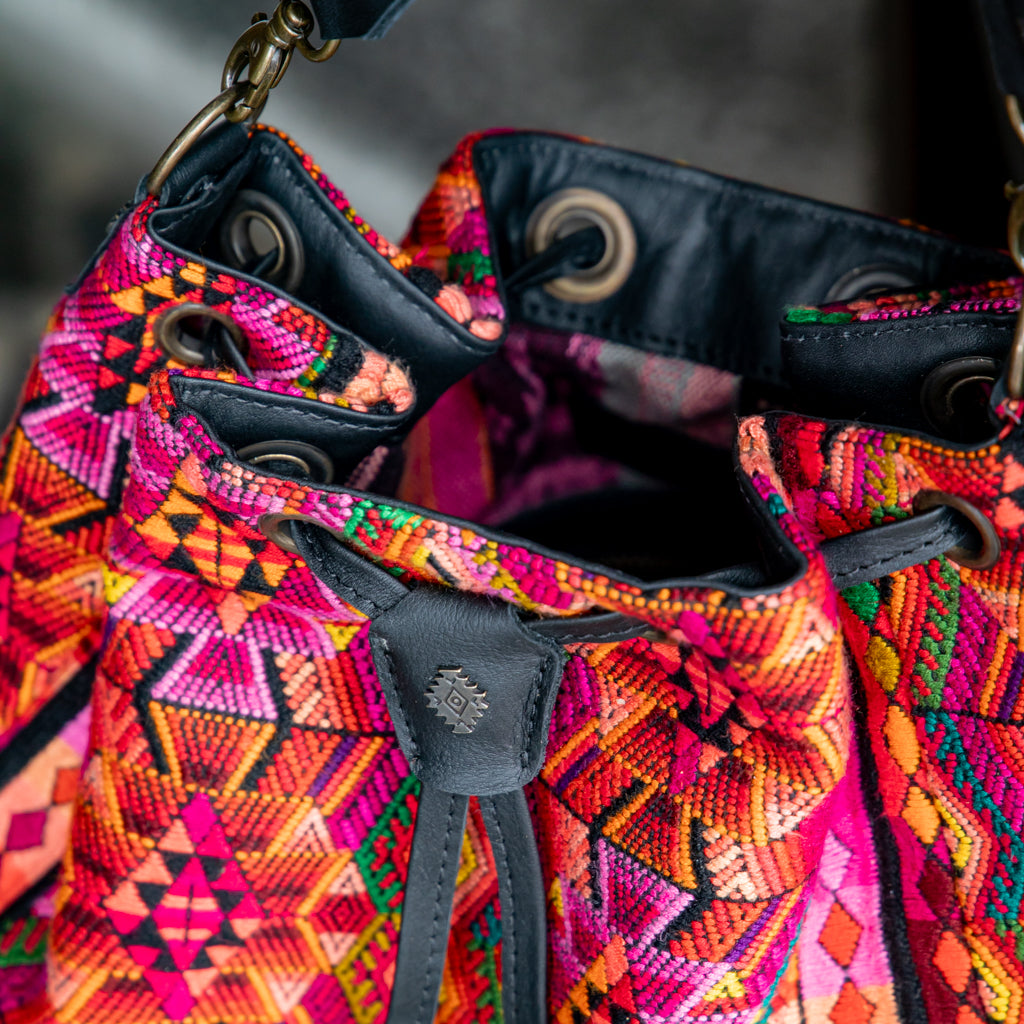 DRAWSTRING BUCKET BAG - OOAK HUIPIL - BLACK - NO. 17982