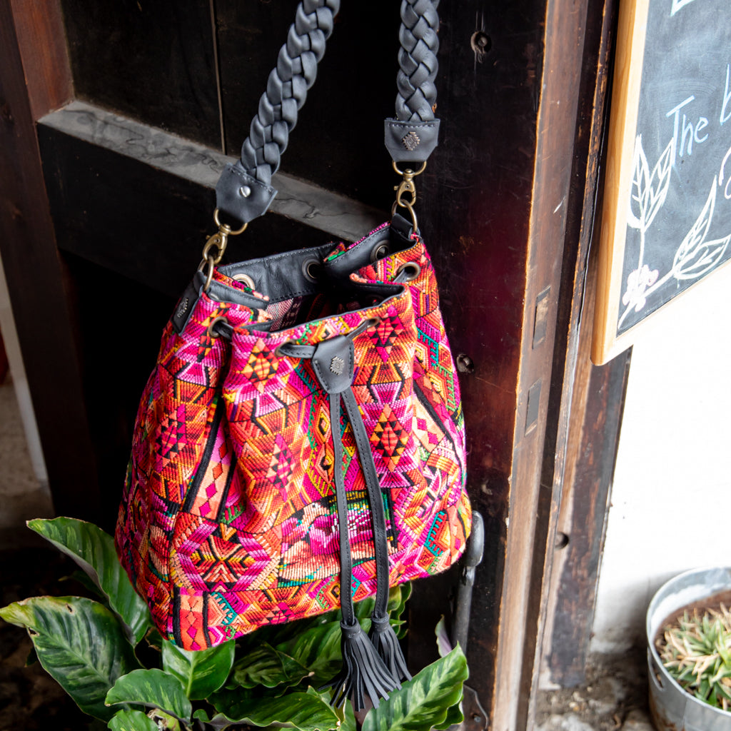 DRAWSTRING BUCKET BAG - OOAK HUIPIL - BLACK - NO. 17982