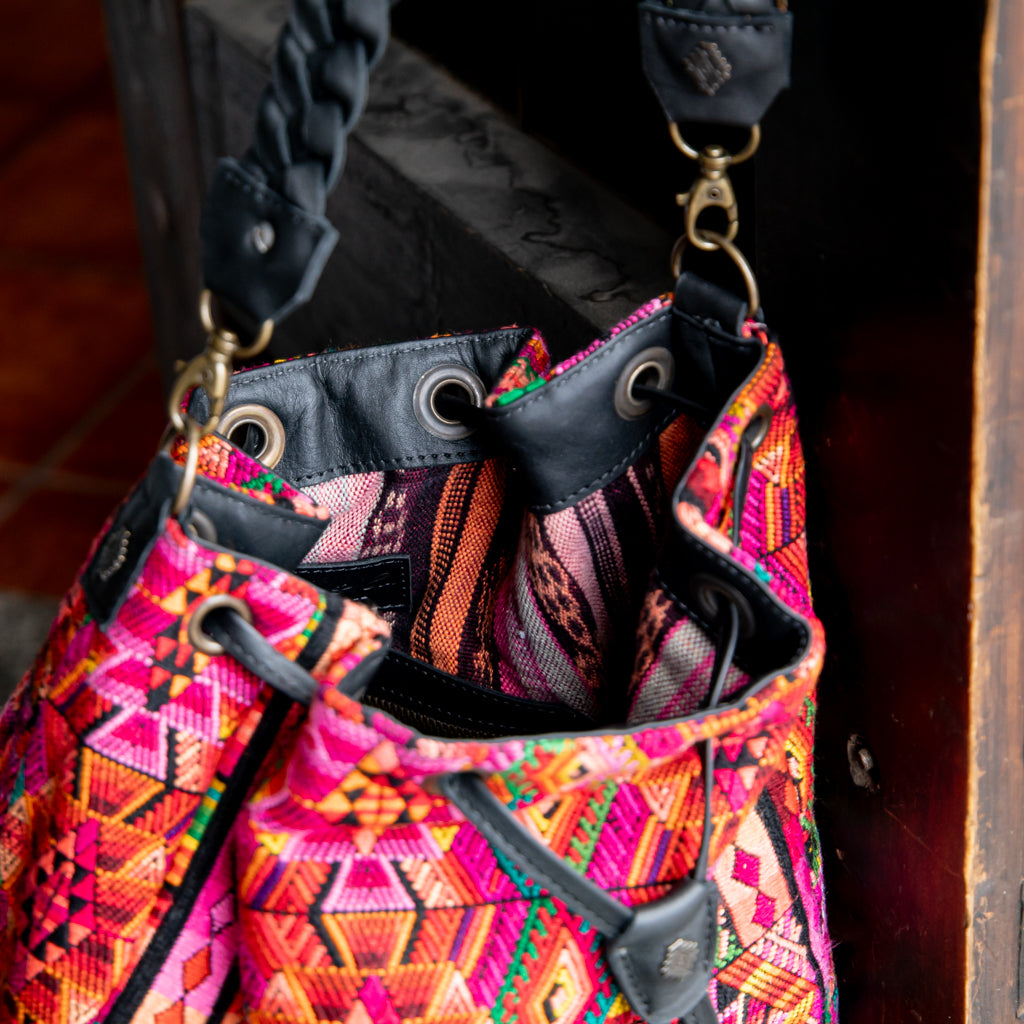 DRAWSTRING BUCKET BAG - OOAK HUIPIL - BLACK - NO. 17982