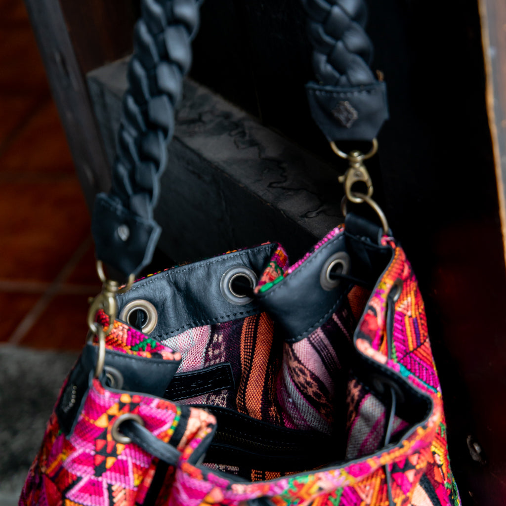 DRAWSTRING BUCKET BAG - OOAK HUIPIL - BLACK - NO. 17982