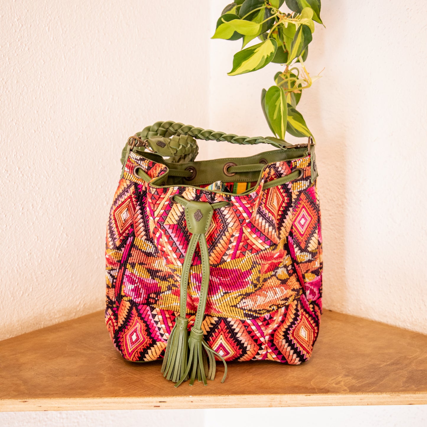 DRAWSTRING BUCKET BAG - OOAK HUIPIL - BASIL - NO. 18032