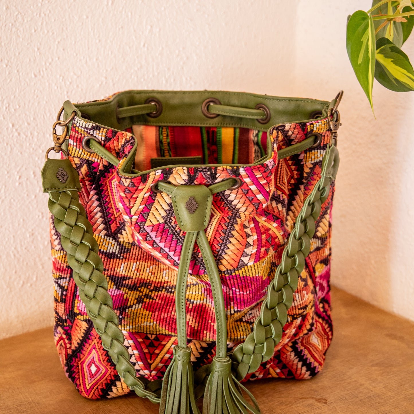 DRAWSTRING BUCKET BAG - OOAK HUIPIL - BASIL - NO. 18032