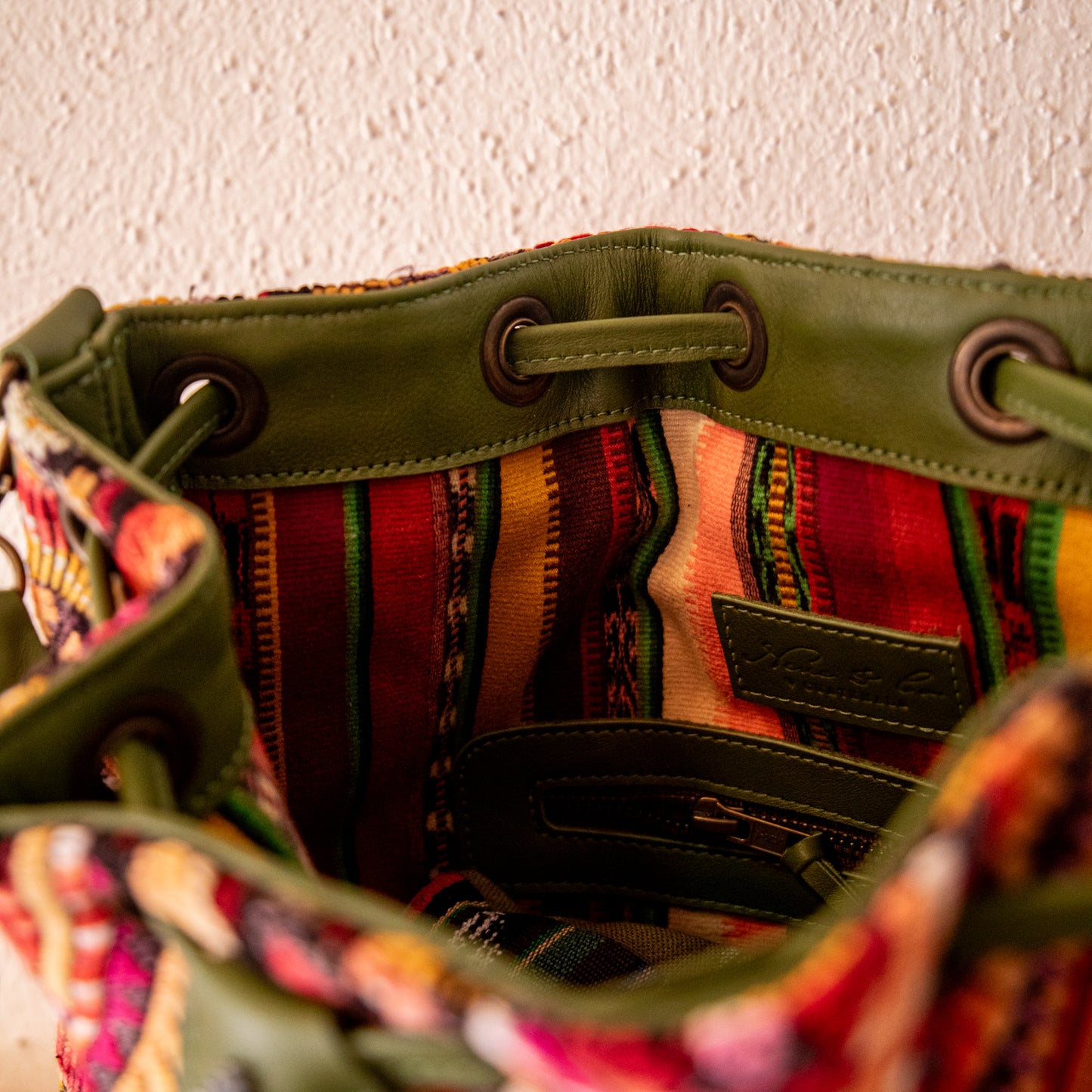 DRAWSTRING BUCKET BAG - OOAK HUIPIL - BASIL - NO. 18032