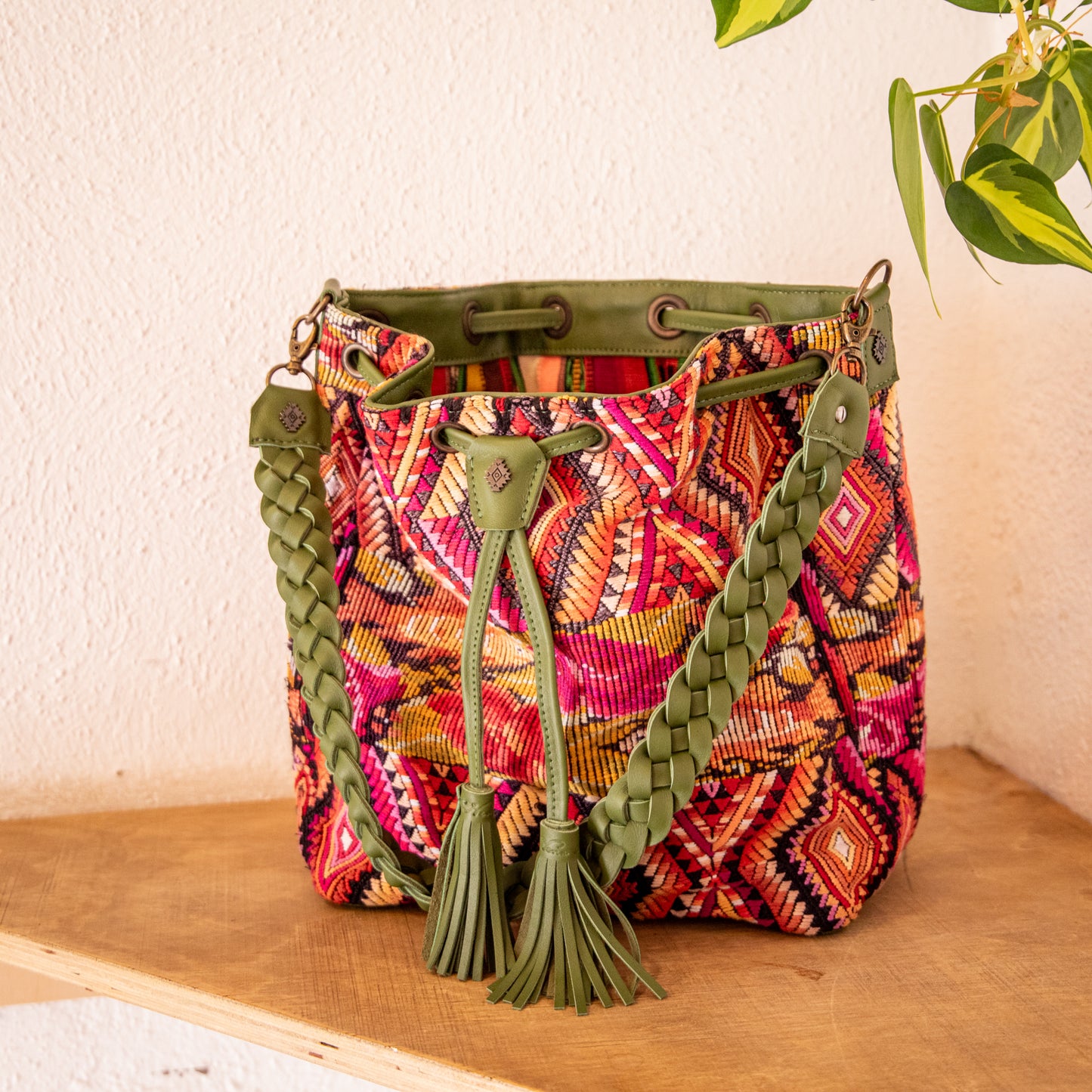 DRAWSTRING BUCKET BAG - OOAK HUIPIL - BASIL - NO. 18032
