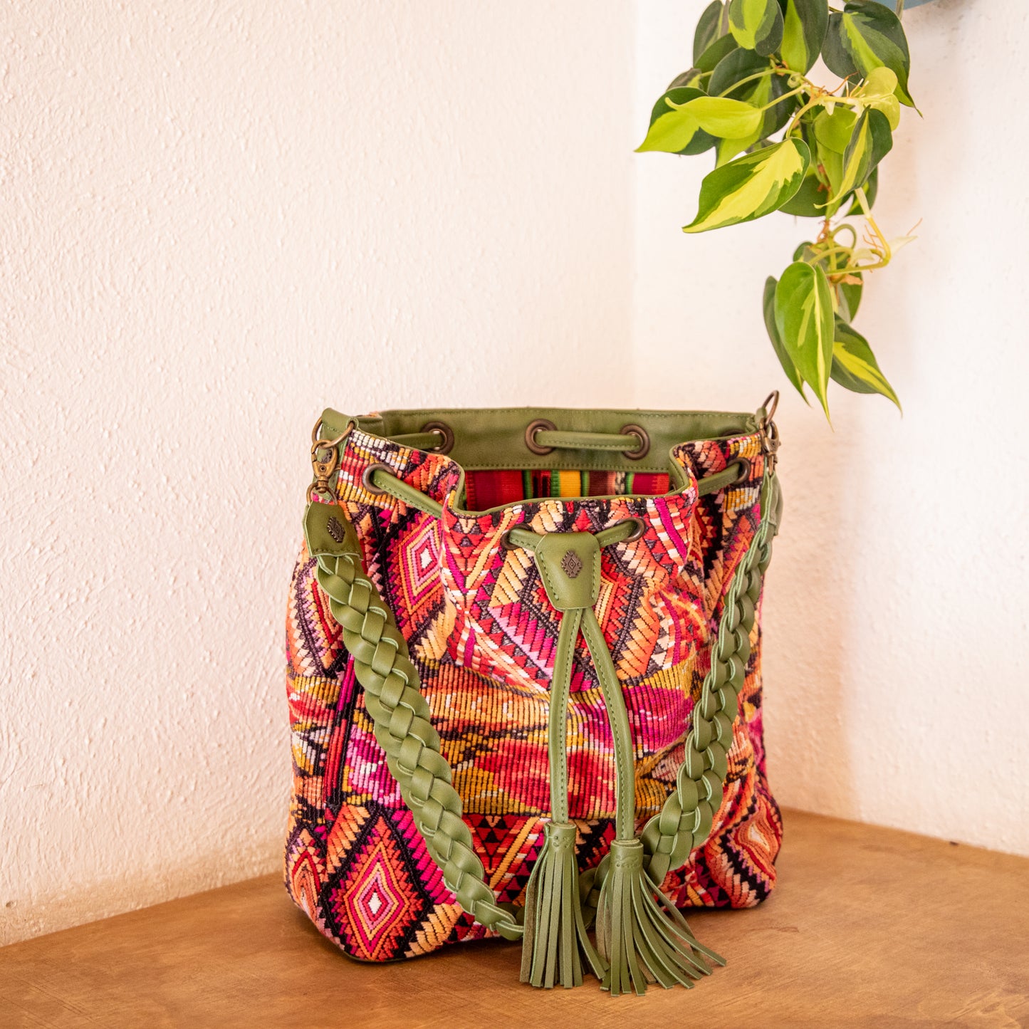 DRAWSTRING BUCKET BAG - OOAK HUIPIL - BASIL - NO. 18032