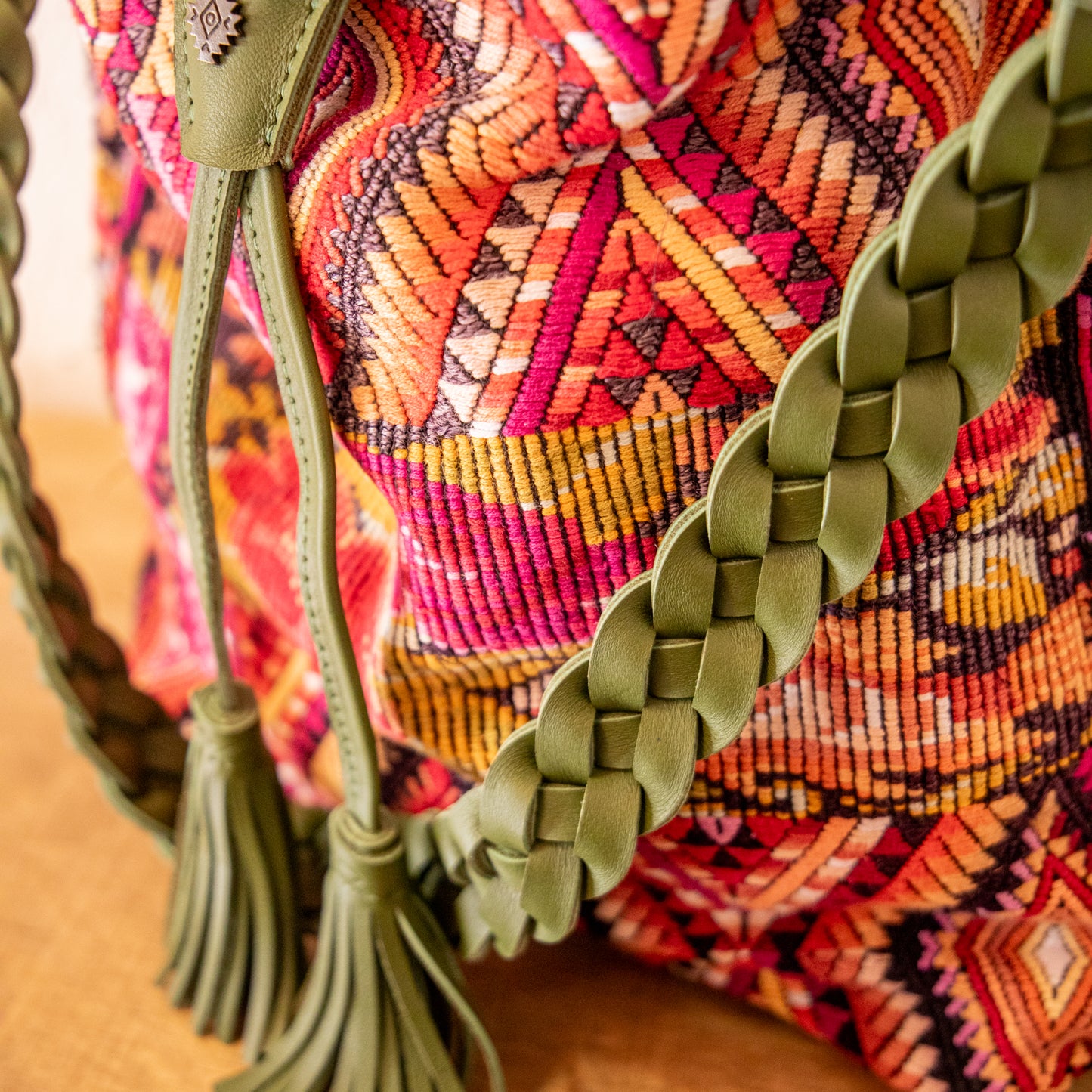 DRAWSTRING BUCKET BAG - OOAK HUIPIL - BASIL - NO. 18032