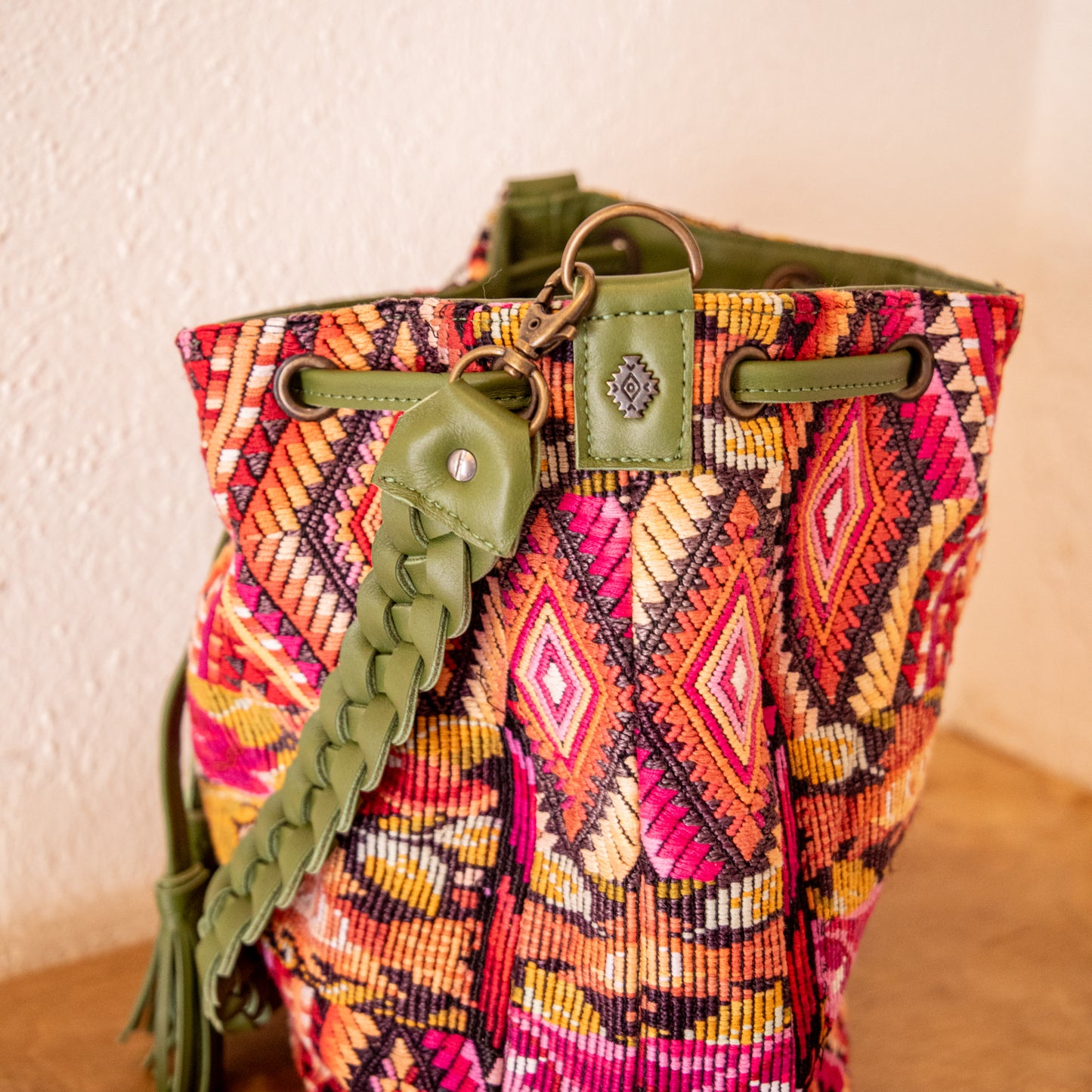 DRAWSTRING BUCKET BAG - OOAK HUIPIL - BASIL - NO. 18032