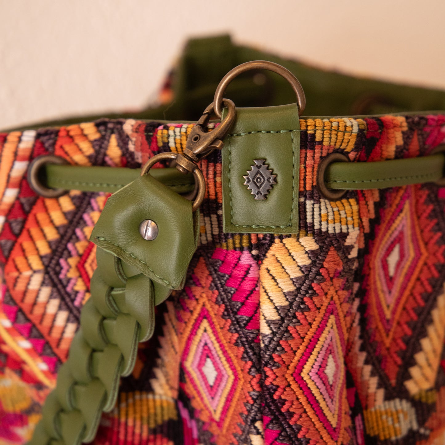 DRAWSTRING BUCKET BAG - OOAK HUIPIL - BASIL - NO. 18032