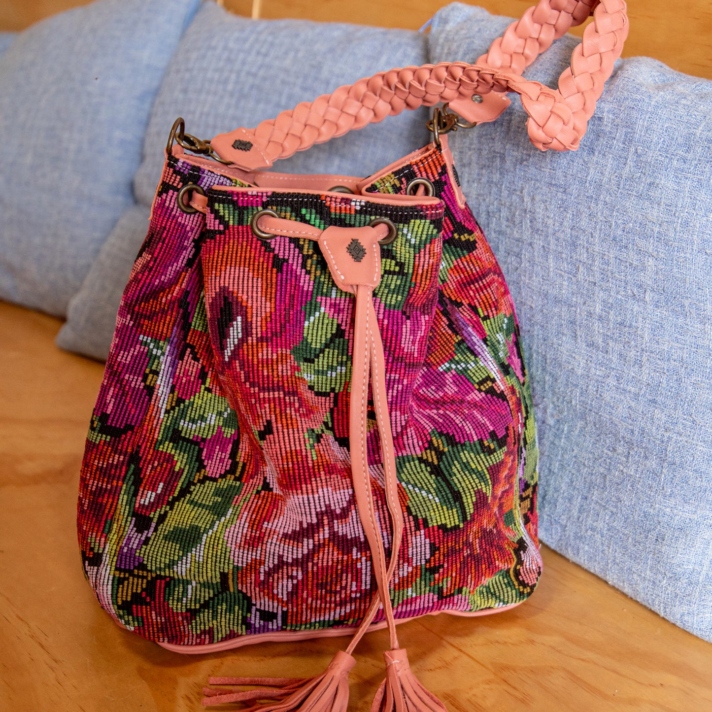 DRAWSTRING BUCKET BAG - OOAK HUIPIL - BLUSH - NO. 18026