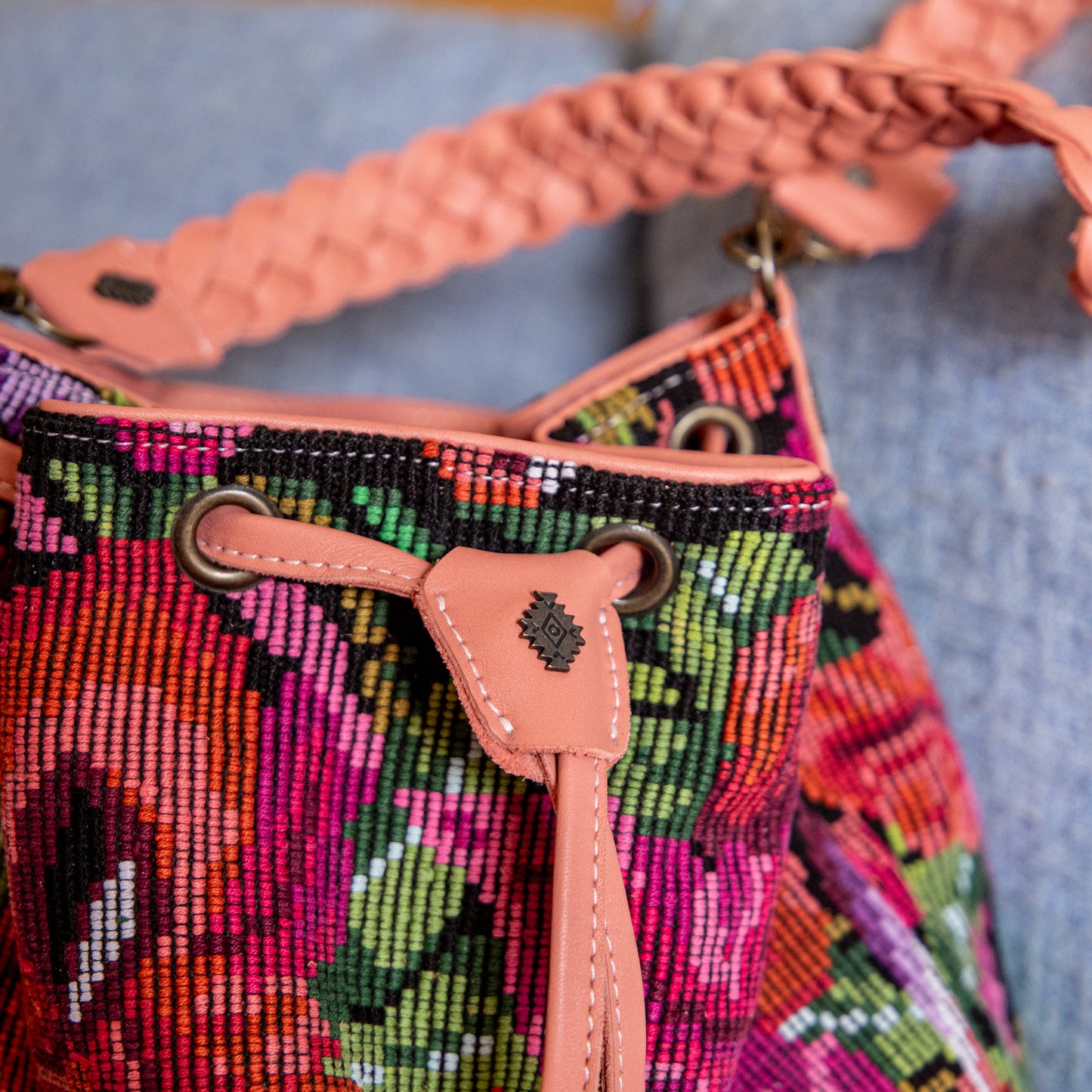 DRAWSTRING BUCKET BAG - OOAK HUIPIL - BLUSH - NO. 18026