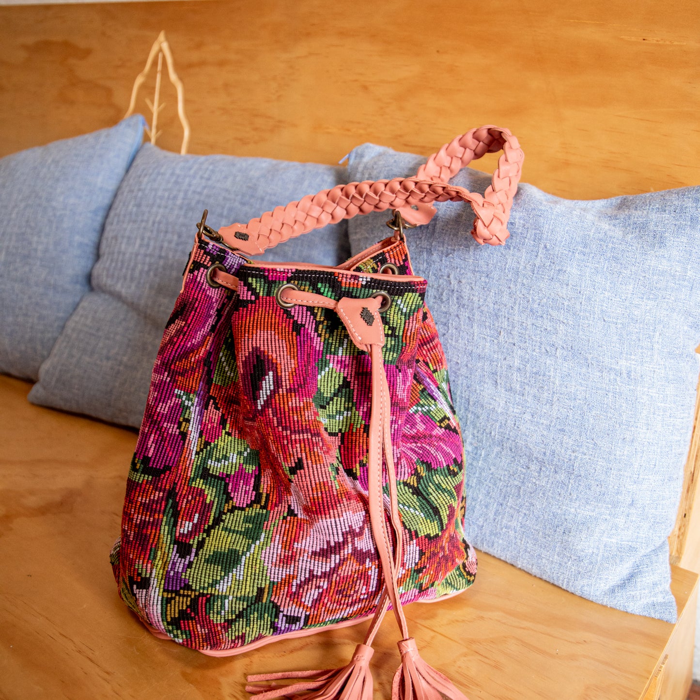 DRAWSTRING BUCKET BAG - OOAK HUIPIL - BLUSH - NO. 18026