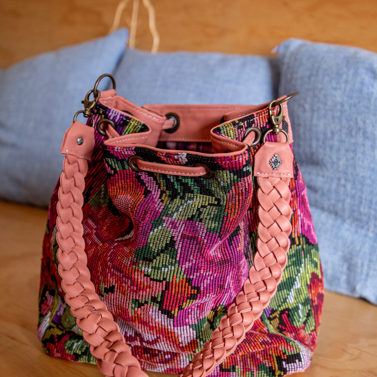 DRAWSTRING BUCKET BAG - OOAK HUIPIL - BLUSH - NO. 18026