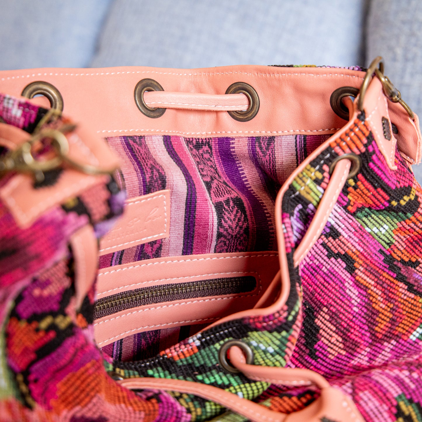 DRAWSTRING BUCKET BAG - OOAK HUIPIL - BLUSH - NO. 18026
