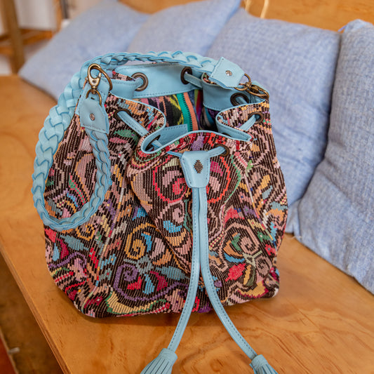 DRAWSTRING BUCKET BAG - OOAK HUIPIL - SKY BLUE - NO. 18025