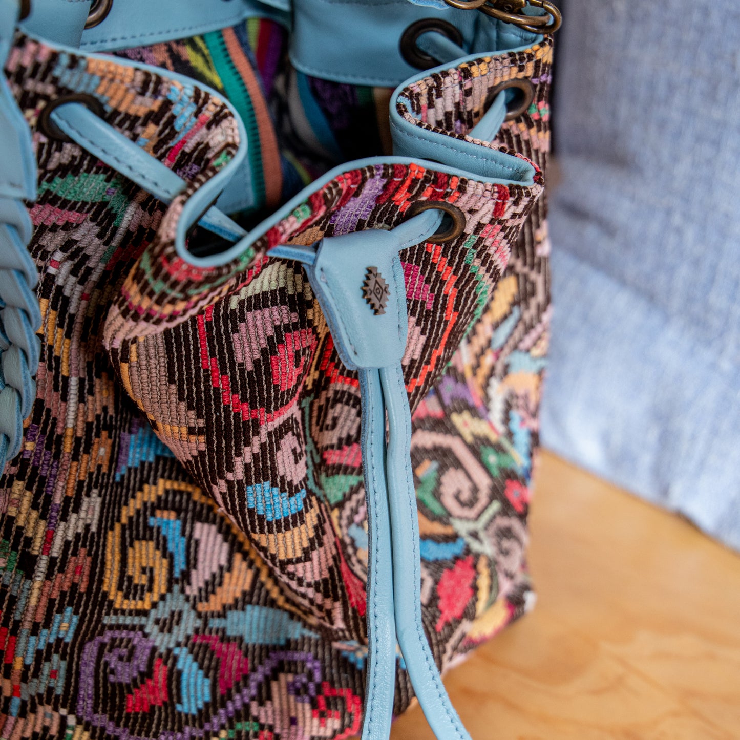 DRAWSTRING BUCKET BAG - OOAK HUIPIL - SKY BLUE - NO. 18025